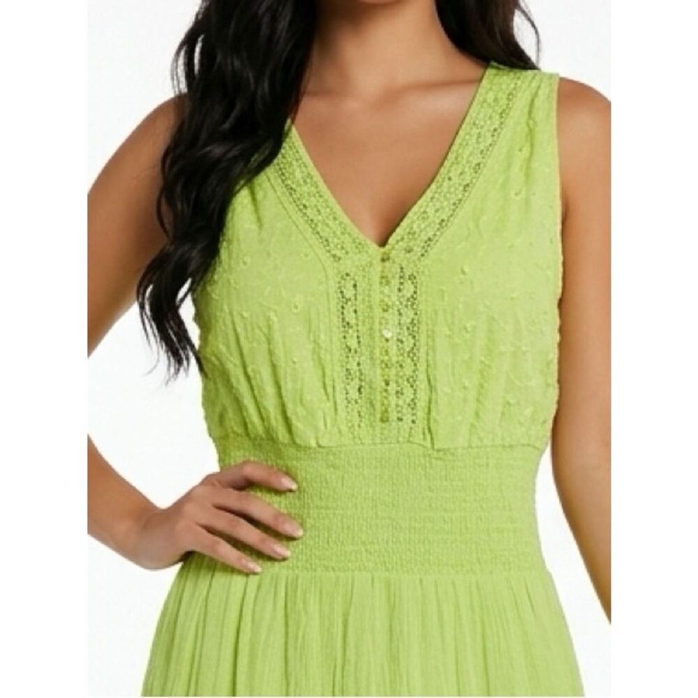 🛍️ MLLE GABRIELLE Lime Green Crinkle Pearl Tiered Smocked Bodice Midi Dress 1X - Picture 5 of 9